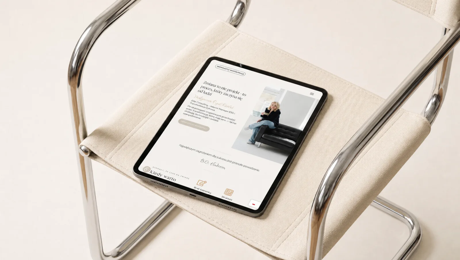 Strona Elite Consulting na tablecie — hero firmy doradczej ze zdjęciem ekspertki